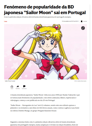 Correio da Manhã, SIC Notícias e Expresso destacam chegada de manga de Sailor Moon
