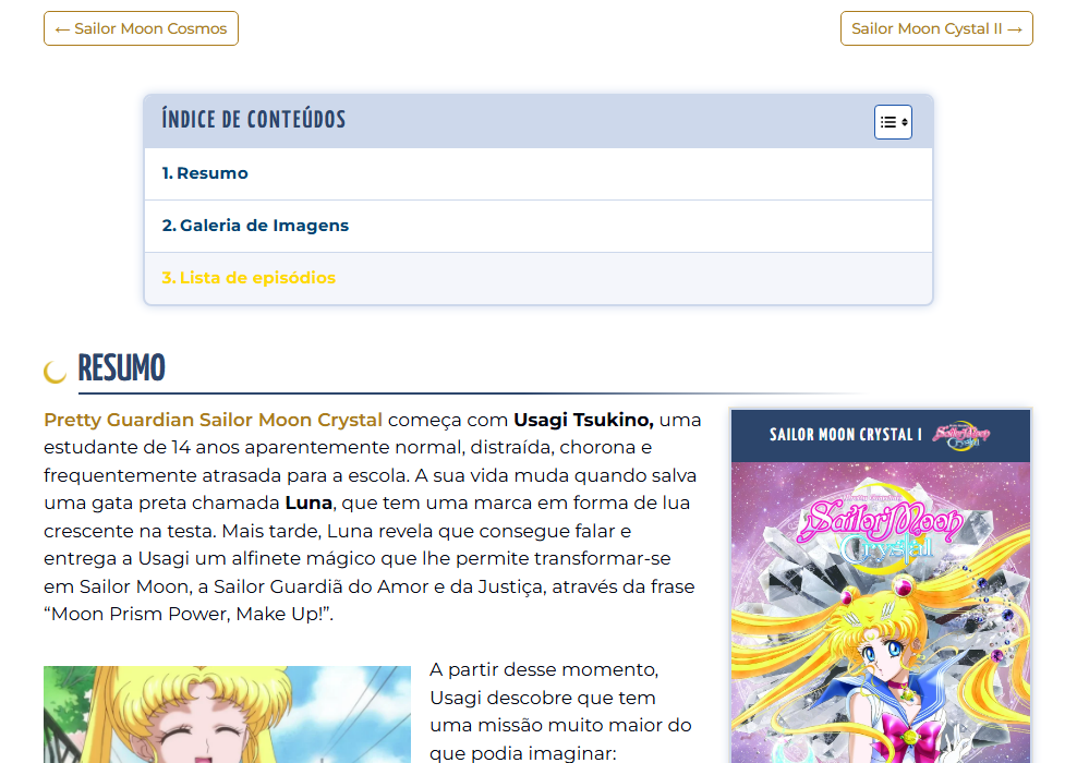 Página da primeira temporada de Sailor Moon Crystal no novo site